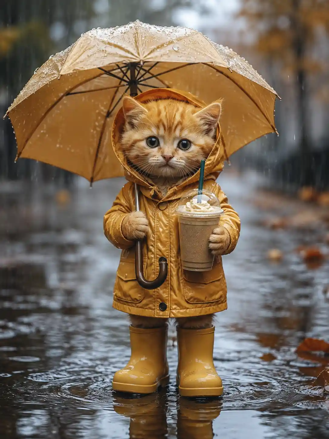 Winziges orangefarbenes Kätzchen im Regenmantel mit Regenschirm und Getränk
