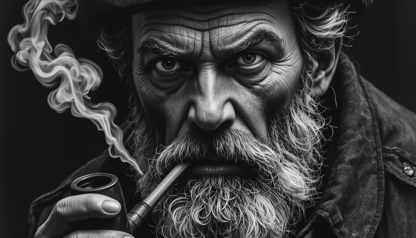 Retrato a carbón de veterano capitán de mar con mirada intensa