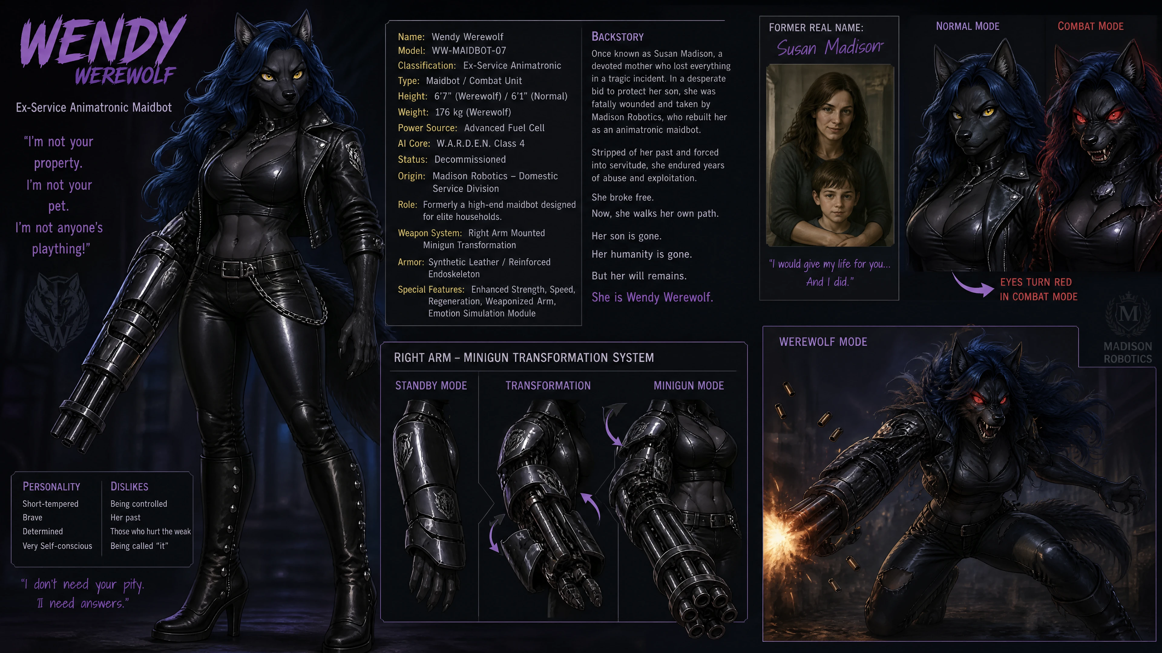 Femme loup-garou cybernétique en tenue de cuir noir