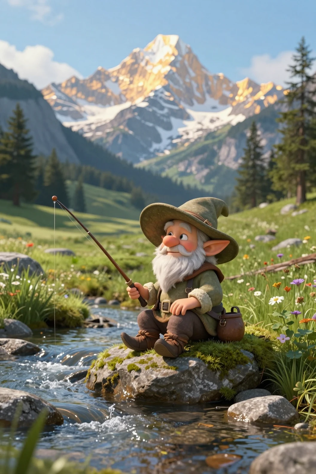 Viejo elfo pescando junto a un arroyo de montaña cristalino