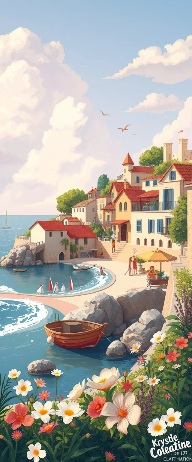Pintoresco pueblo costero en tonos pastel en ilustración 3D juguetona