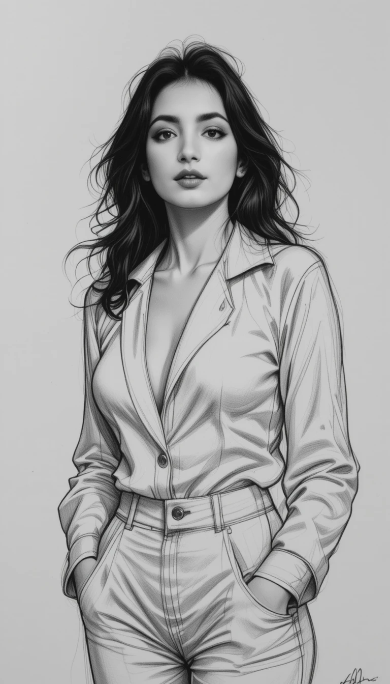 Retrato a lápiz de mujer elegante con atuendo blanco