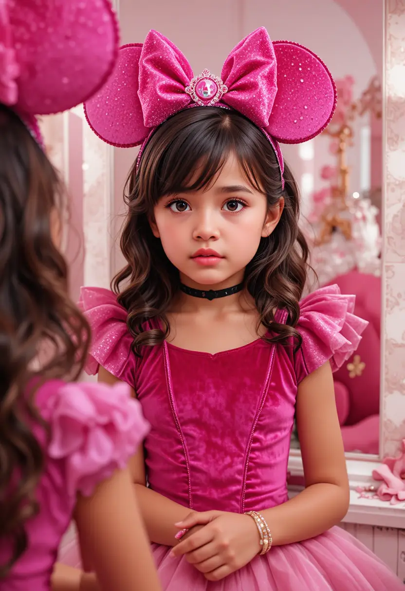Jeune garçon en robe de princesse devant la coiffeuse