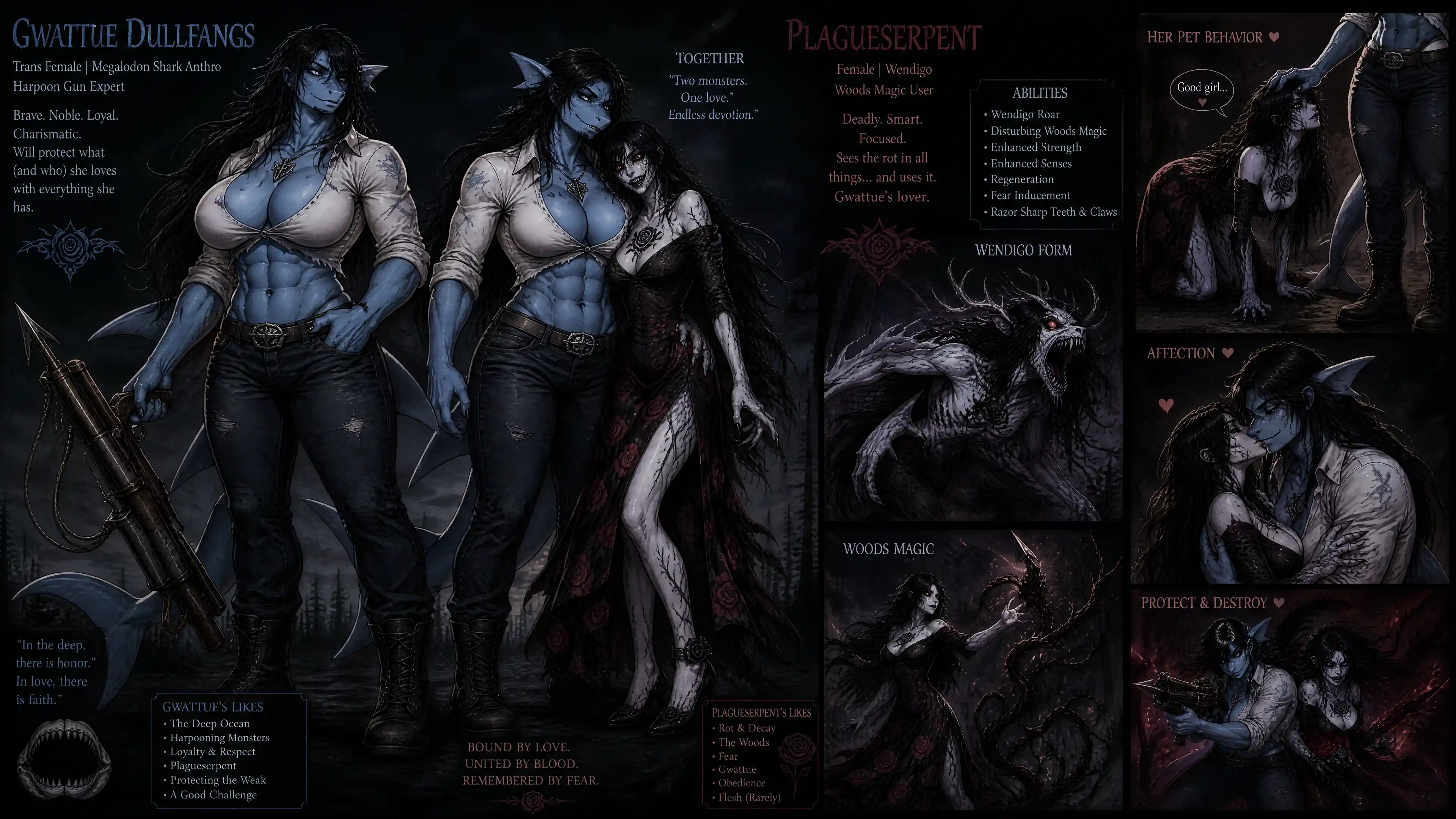 Anthro megalodon shark woman with harpoon gun in jeans
