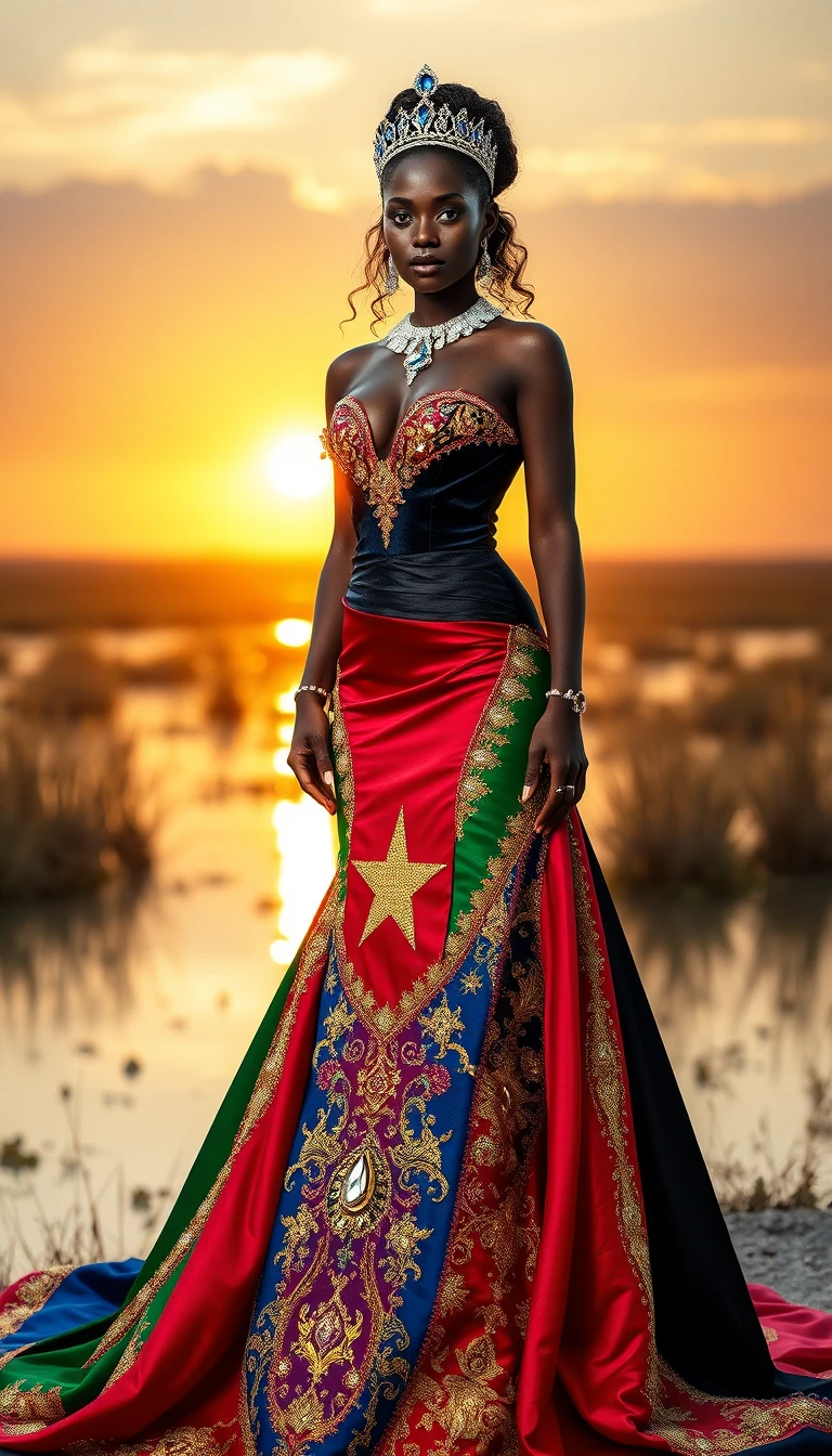 Mulher sul-sudanesa com um elegante vestido de alta-costura inspirado na bandeira