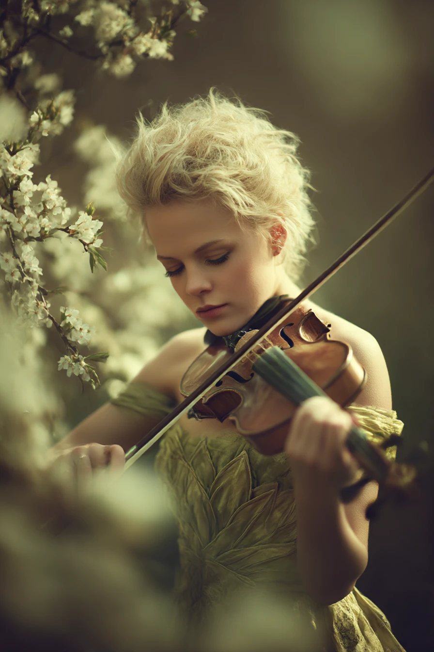 Joven violinista glamurosa con vestido palabra de honor inspirado en el loto