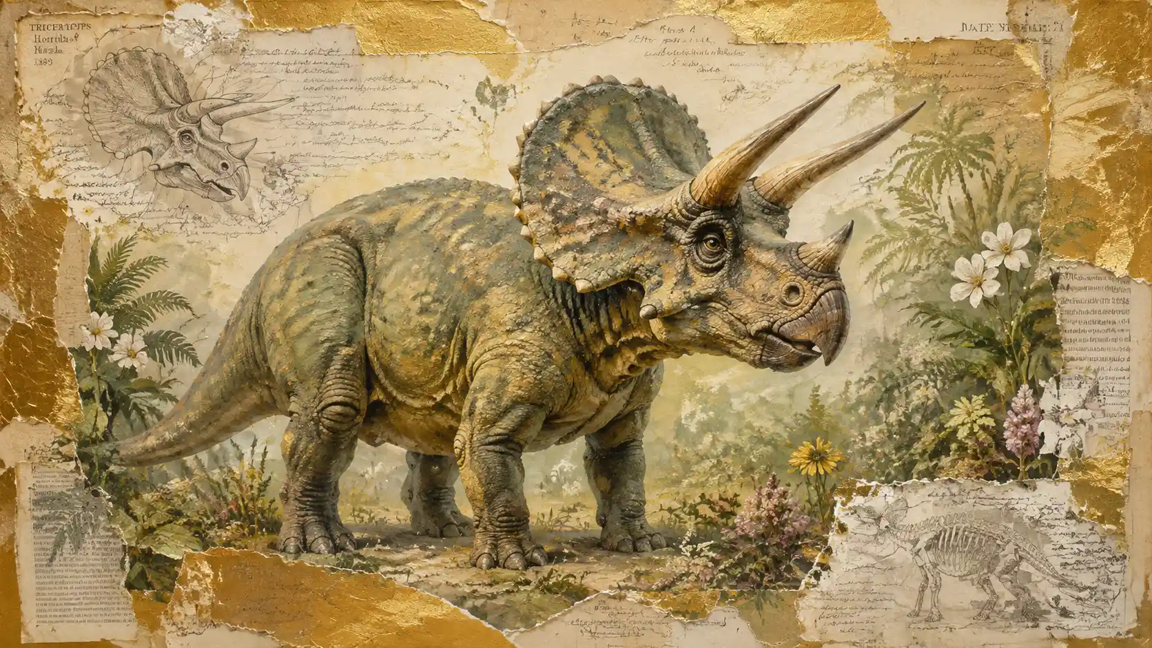 Triceratops In Lush Nature With Gold And Vintage Notes