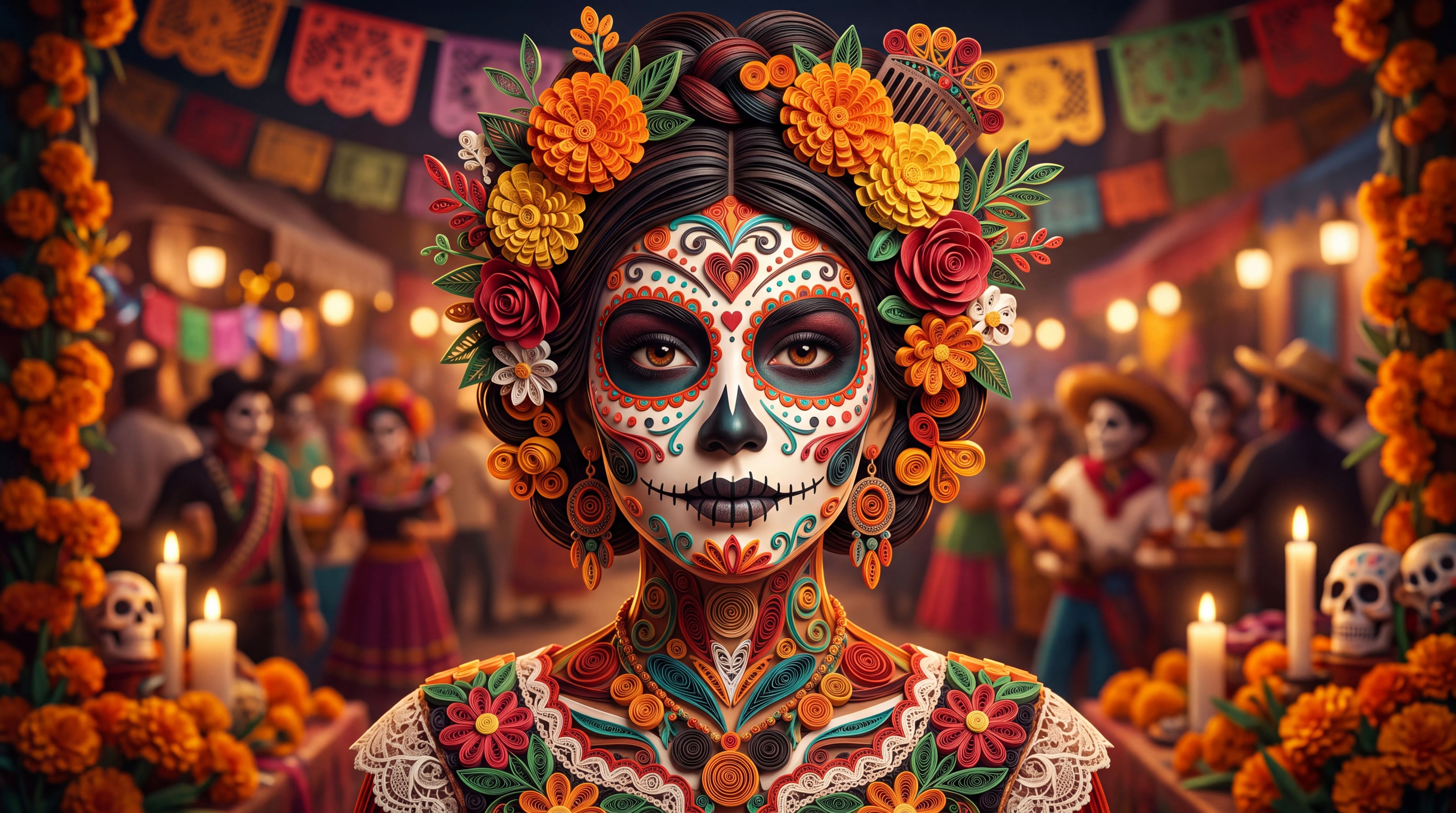 Kinematische Nahaufnahme eines mexikanischen Mädchens zum Día de los Muertos