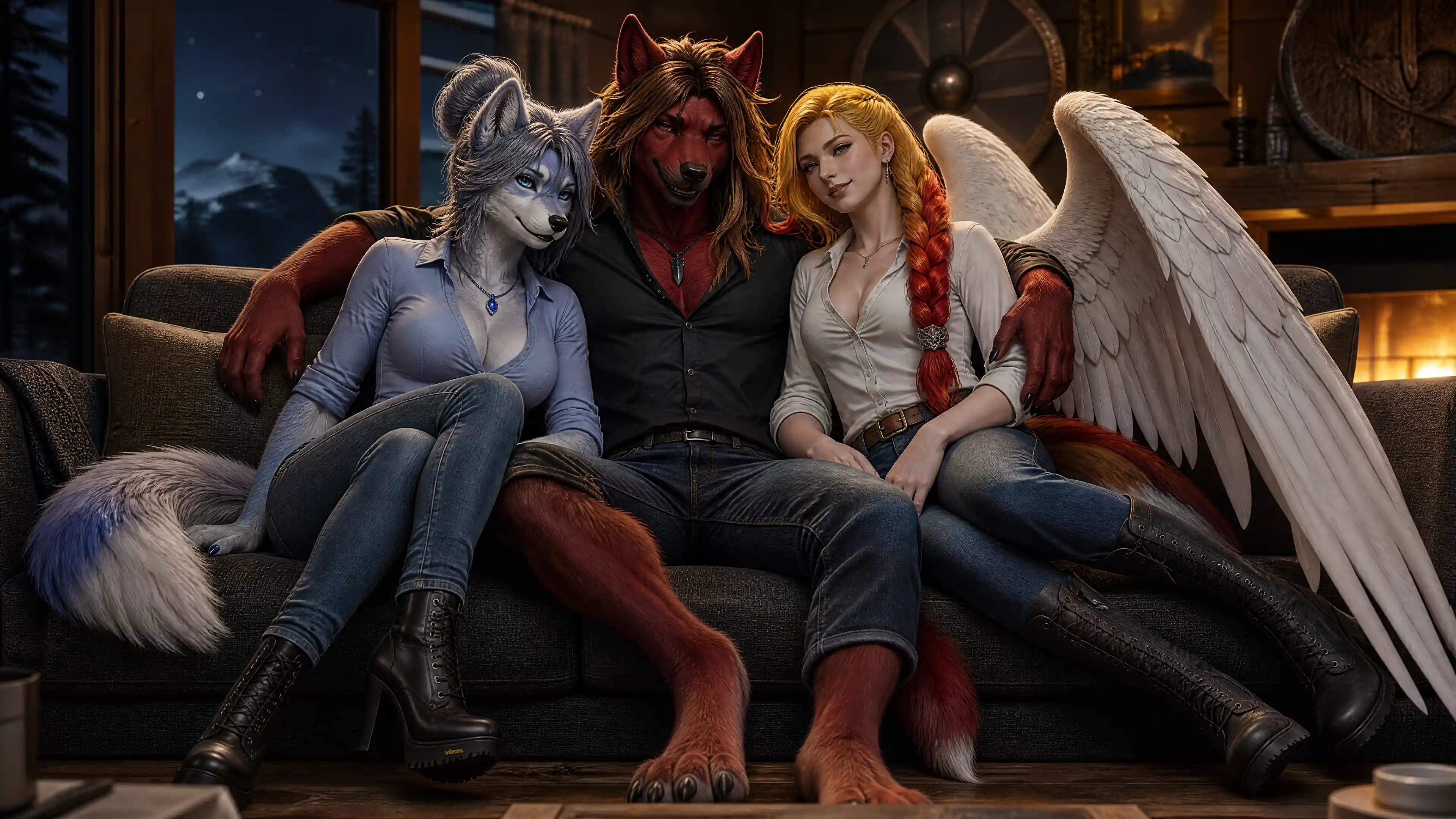 Femme loup anthro en tenue décontractée au port noble