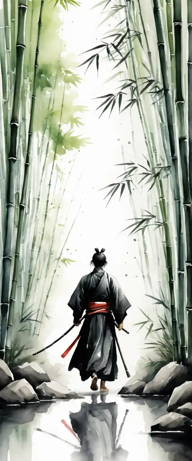 Samurai caminhando em direção a floresta de bambu em aquarela minimalista
