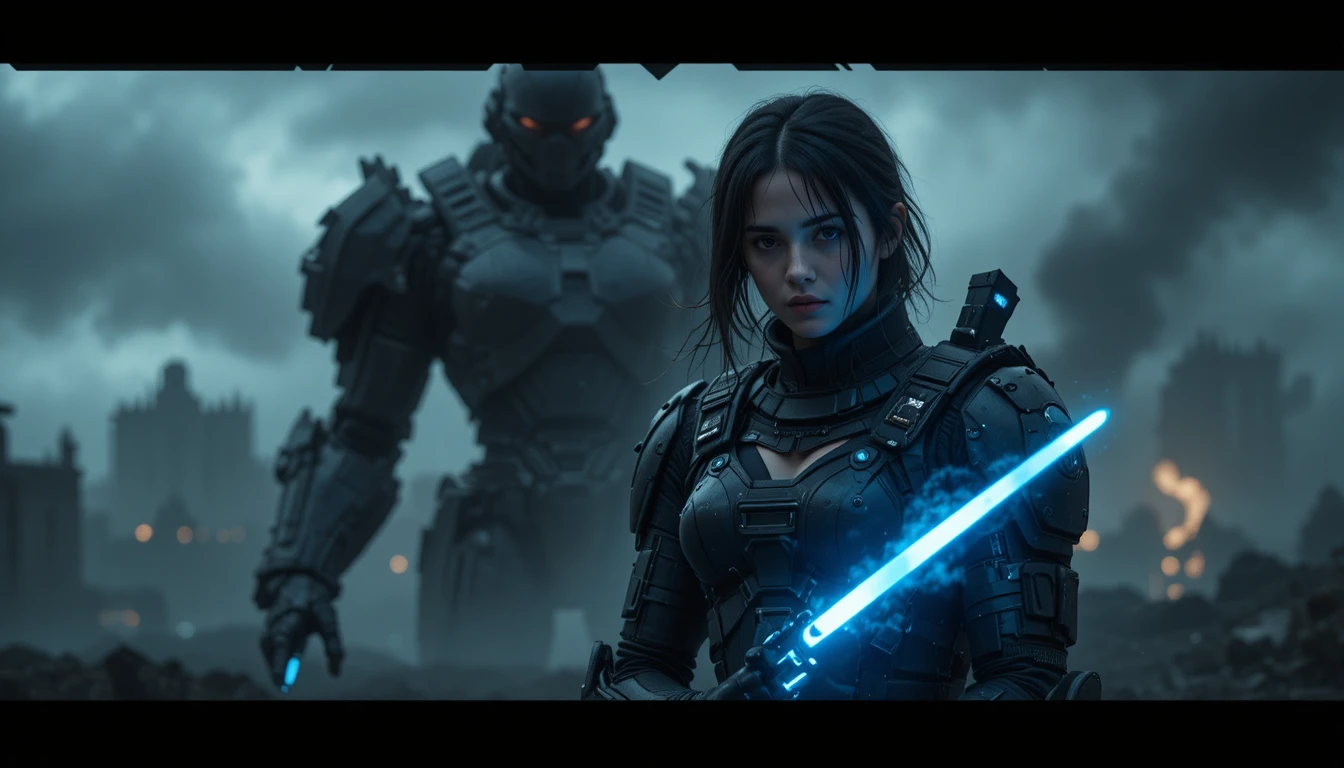 Femme sci‑fi blindée avec lame lumineuse dans une lumière bleue