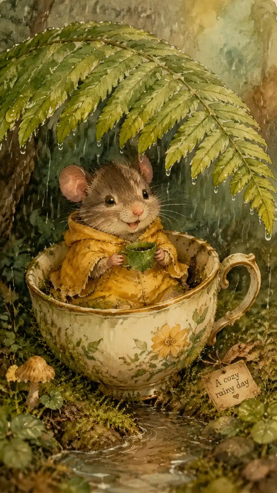 Niedliche Feldmaus im gelben Poncho in einer Teetasse