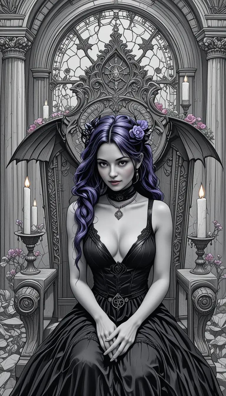 Purple haired vampire woman on a throne by candlelight