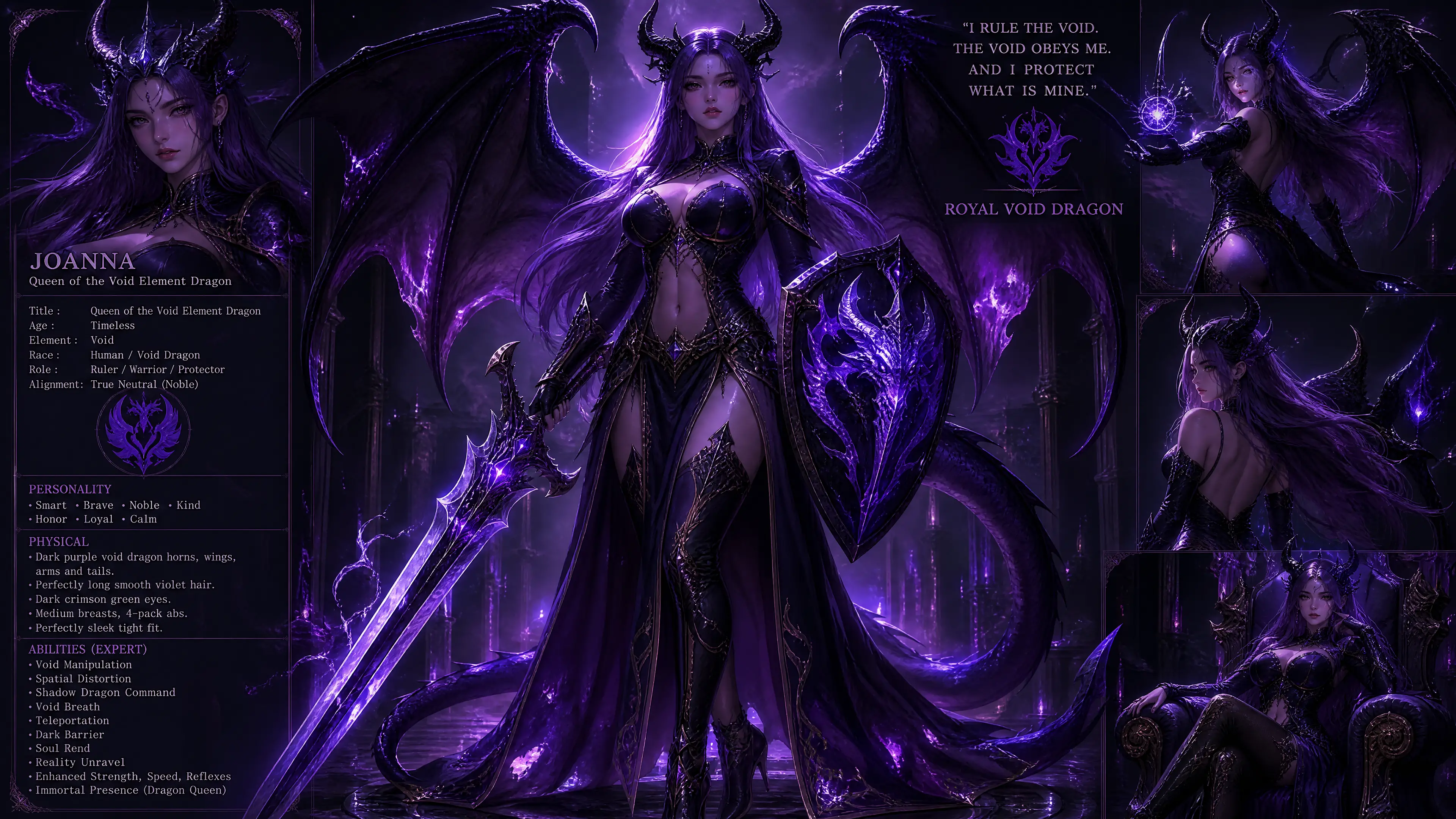 Reine dragon du néant aux cheveux violets et en armure royale