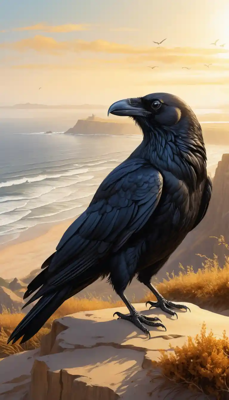 Primo piano di un corvo nero su una collina di sabbia dorata all’alba