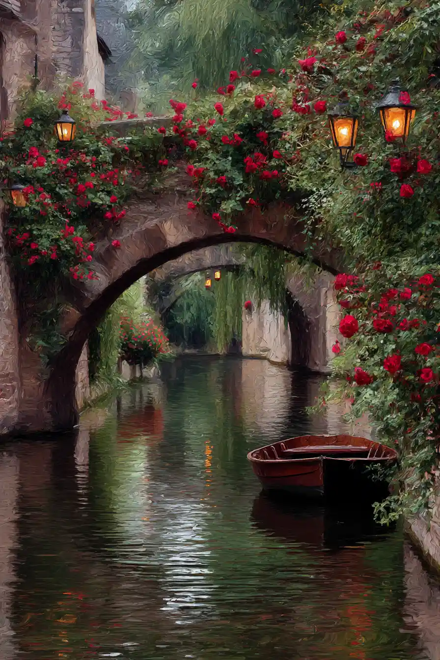 Romantic impressionist painting of a rose covered stone bridge