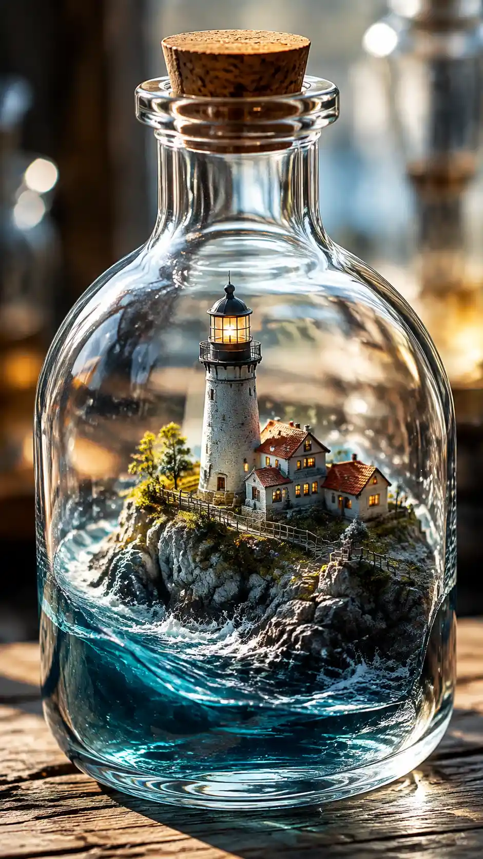 Close macro de frasco de perfume de vidro com diorama de farol