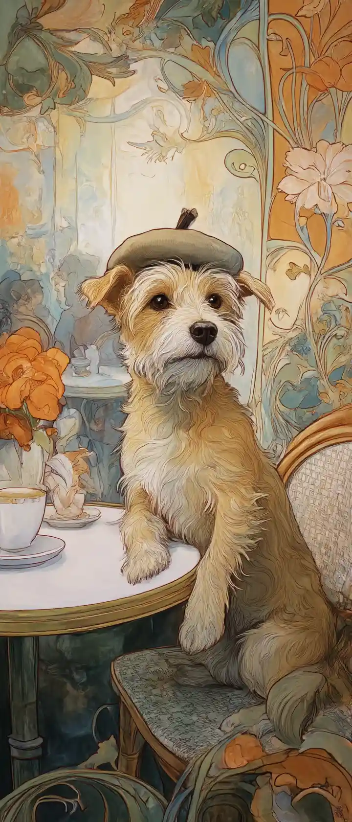Terrier ébouriffé avec béret dans un café parisien romantique