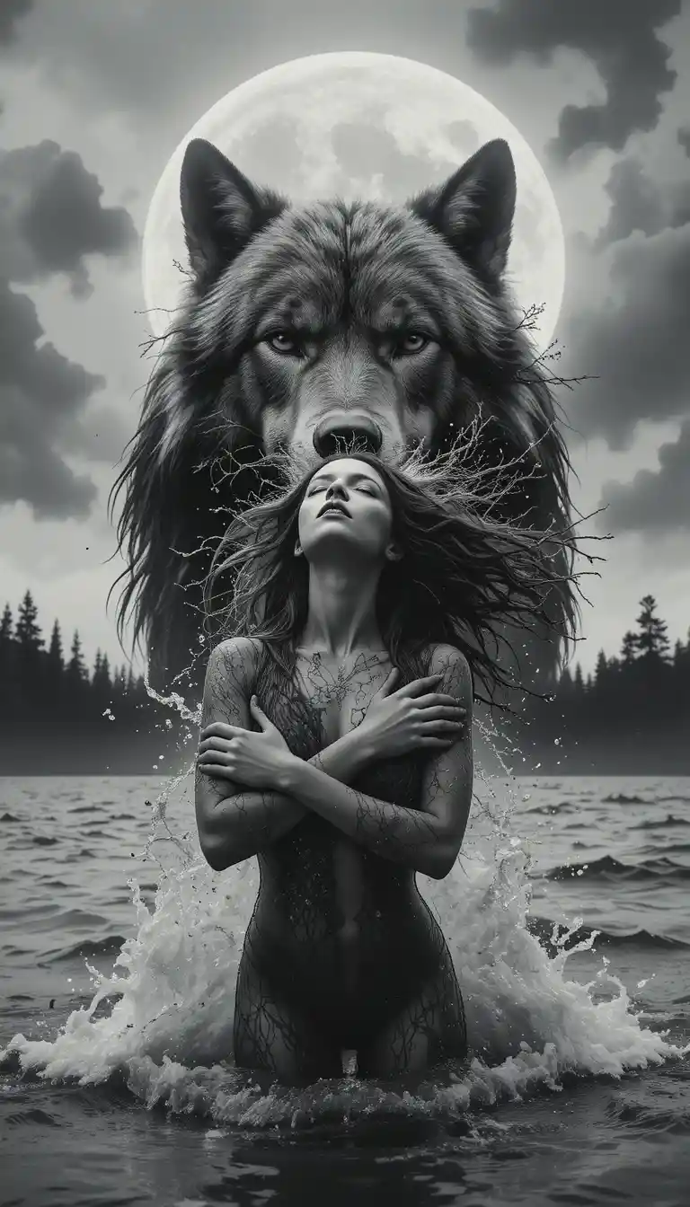 Woman in stormy water beneath a looming wolf and moon
