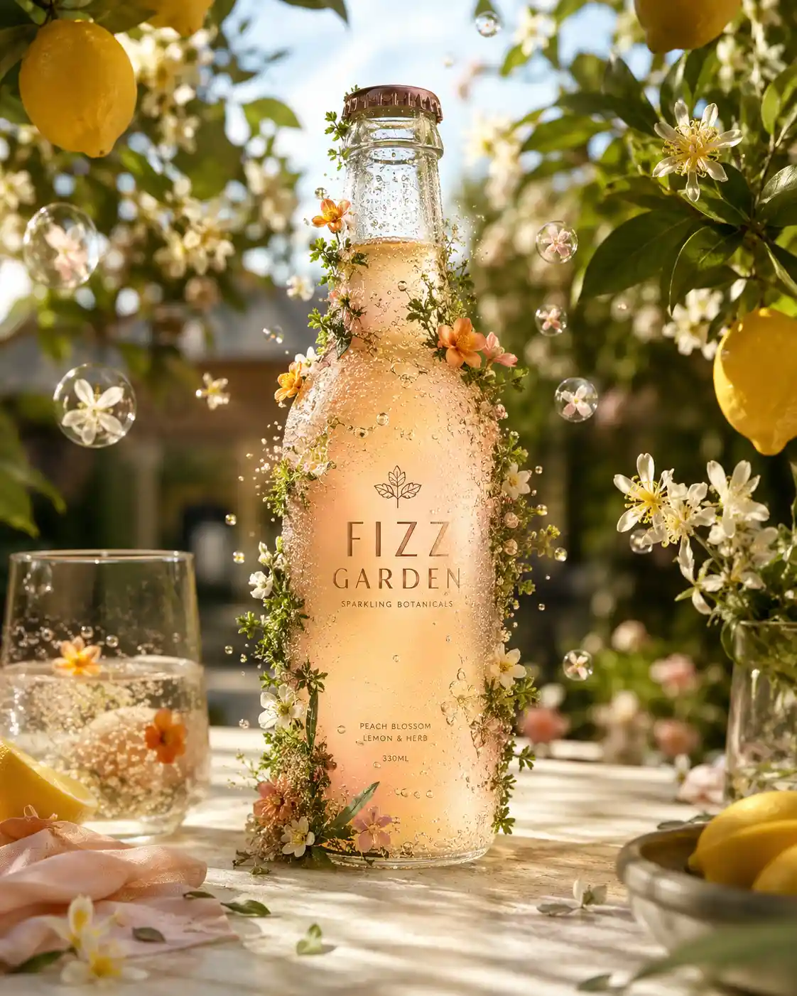 Sparkling botanical drink bottle on a sunlit garden table