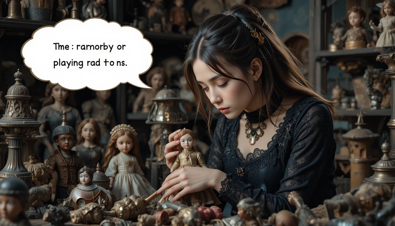 Young woman gently arranging a collection of treasured old toys