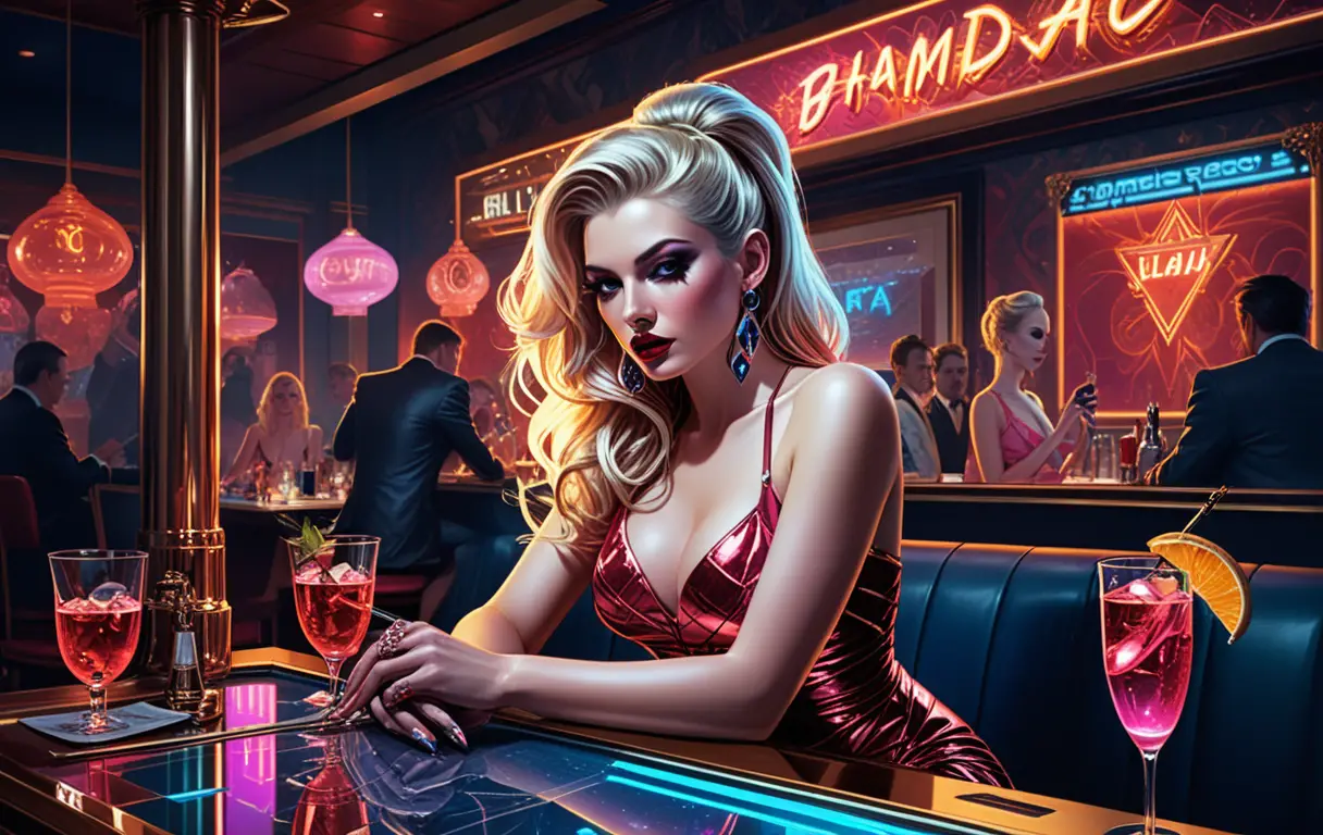 Femme blonde fêtant son anniversaire dans un lounge de nightclub néon