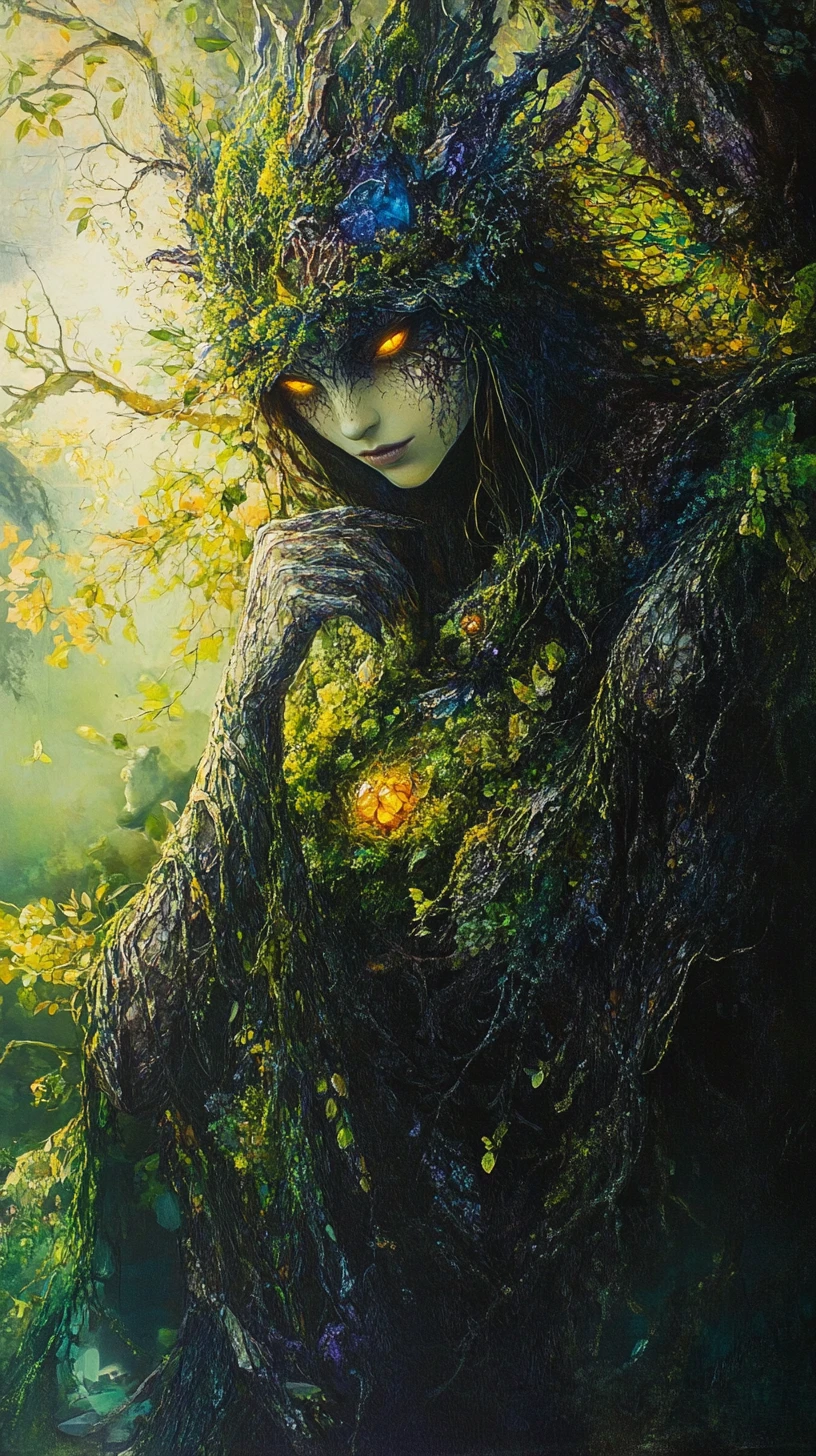 Forest princess with moss dress and glowing lichen skin