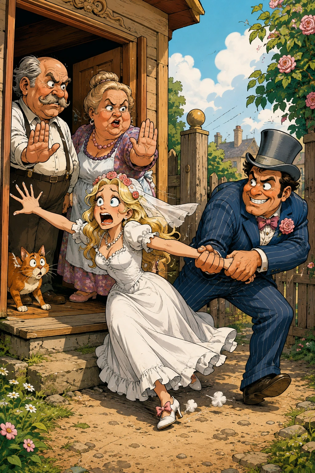 Cartoon comic scene of a woman being dragged to marriage