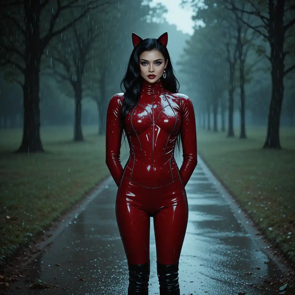 Mulher em macacão de látex vermelho em caminho de parque chuvoso