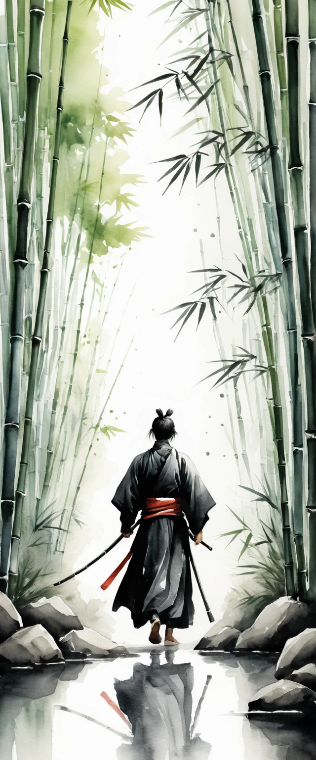 Samurai caminhando em direção a floresta de bambu em aquarela minimalista