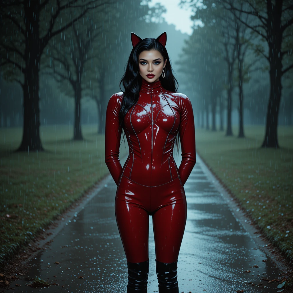 Mulher em macacão de látex vermelho em caminho de parque chuvoso