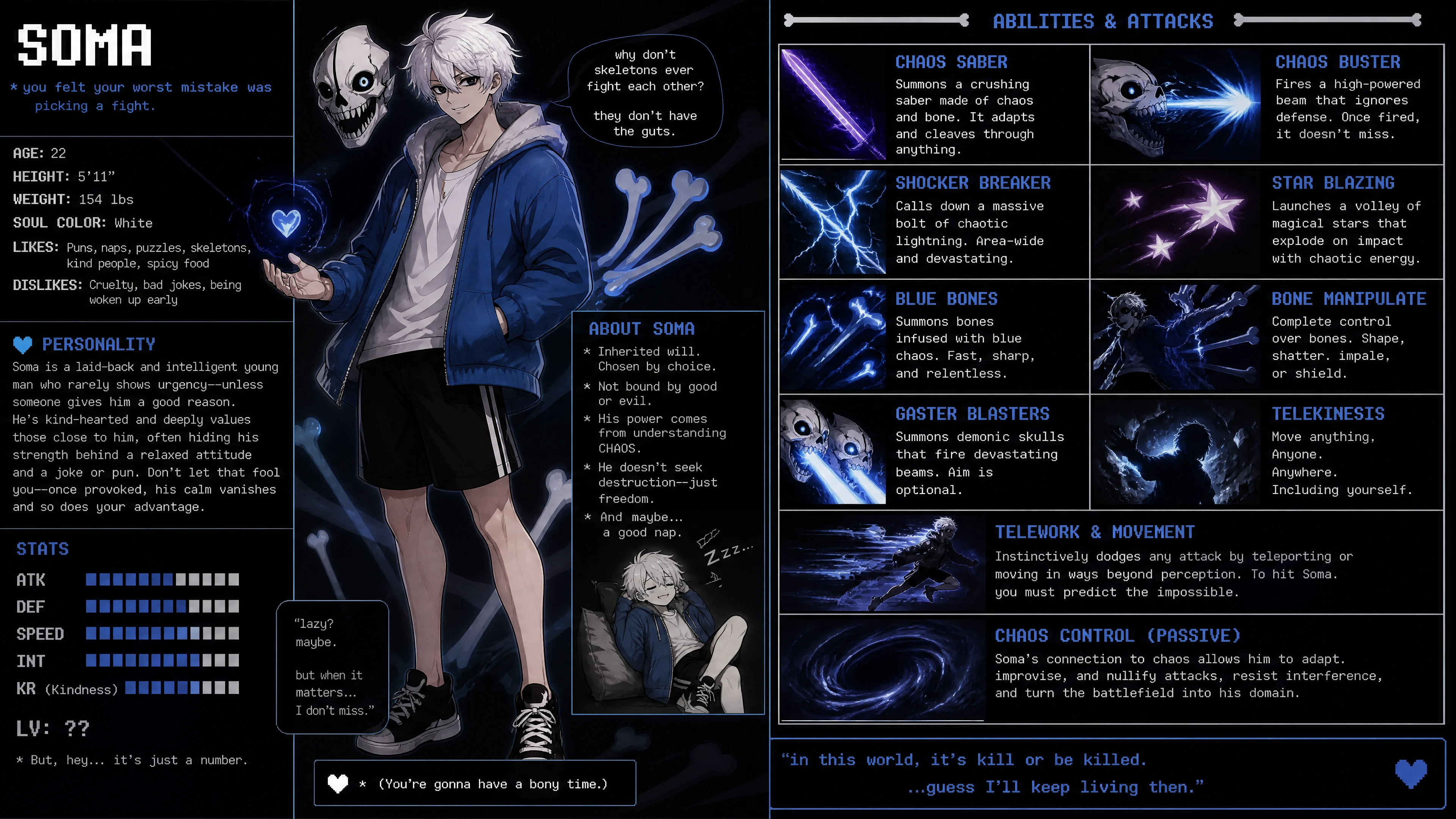 White haired anime man in blue jacket with black eyes