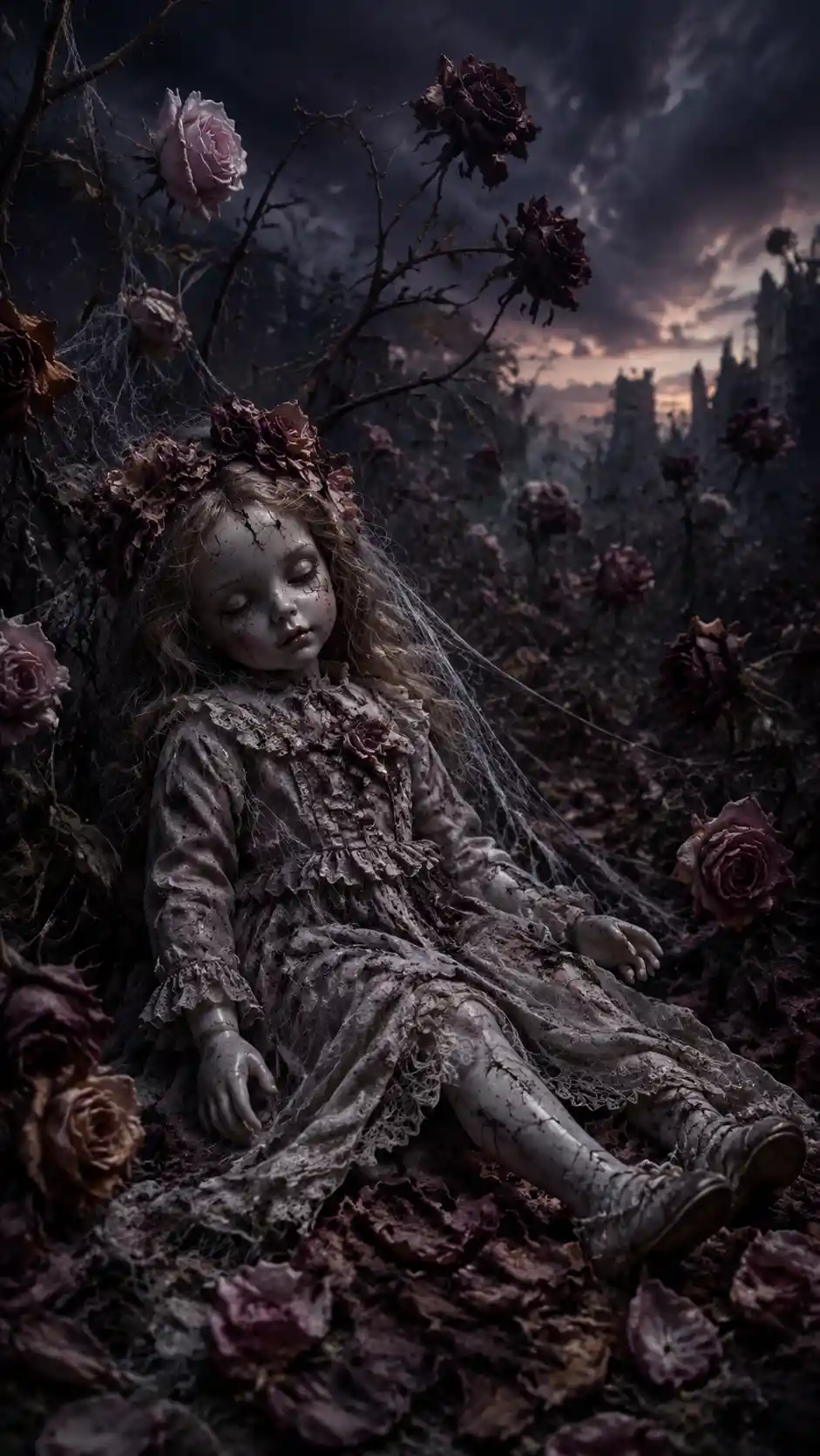 Cracked porcelain doll among wilting roses at twilight