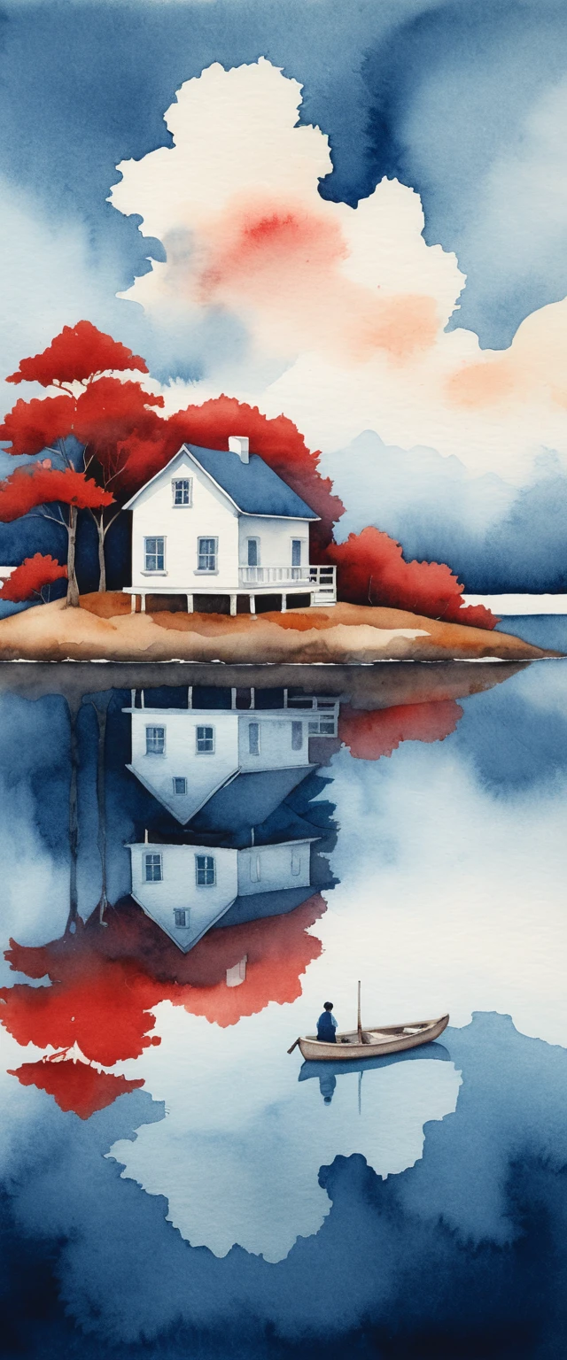 Casa mínima en isla acuarela con árbol rojo de otoño
