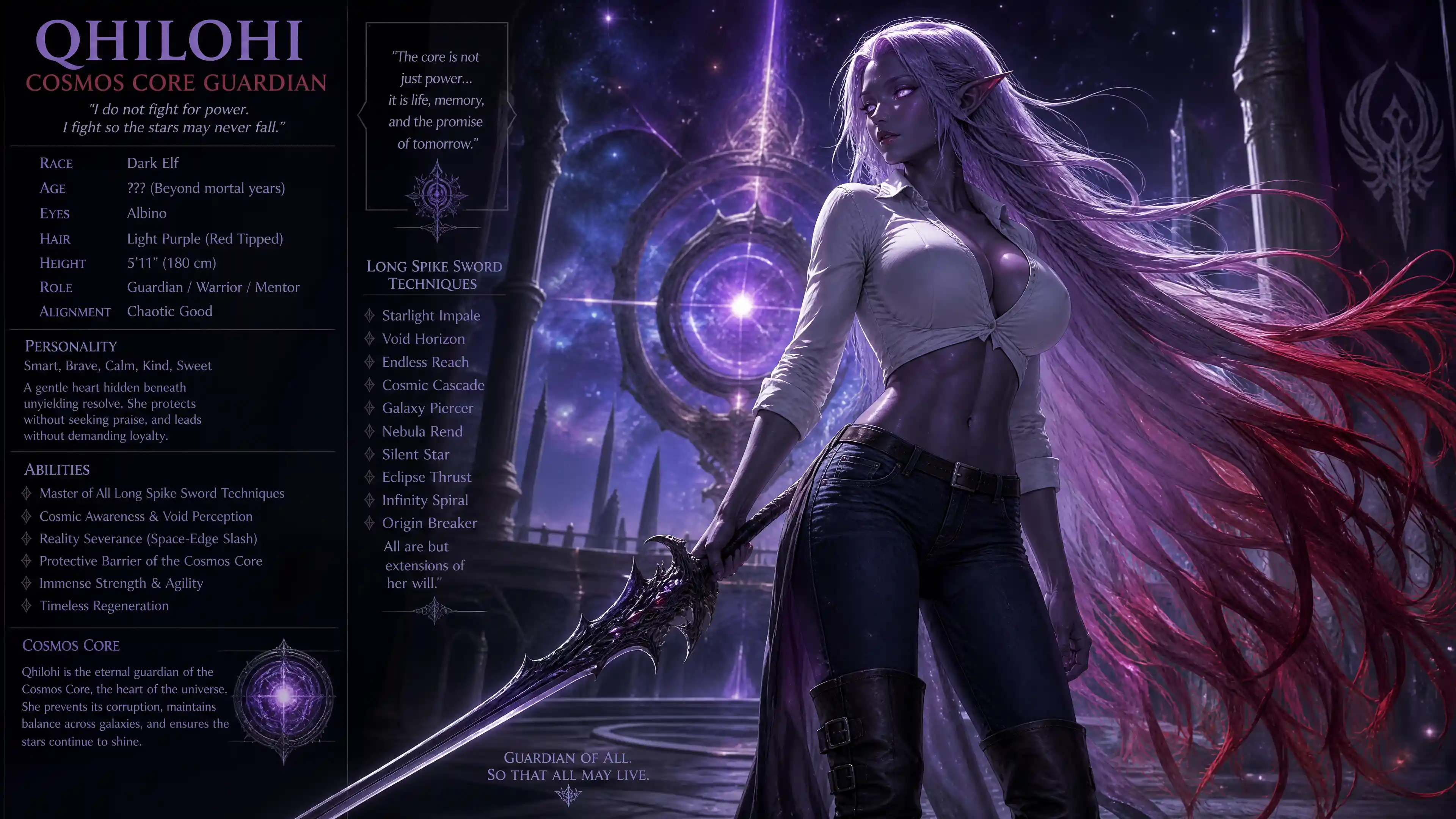 Guerrière elfe noire aux longs cheveux violets