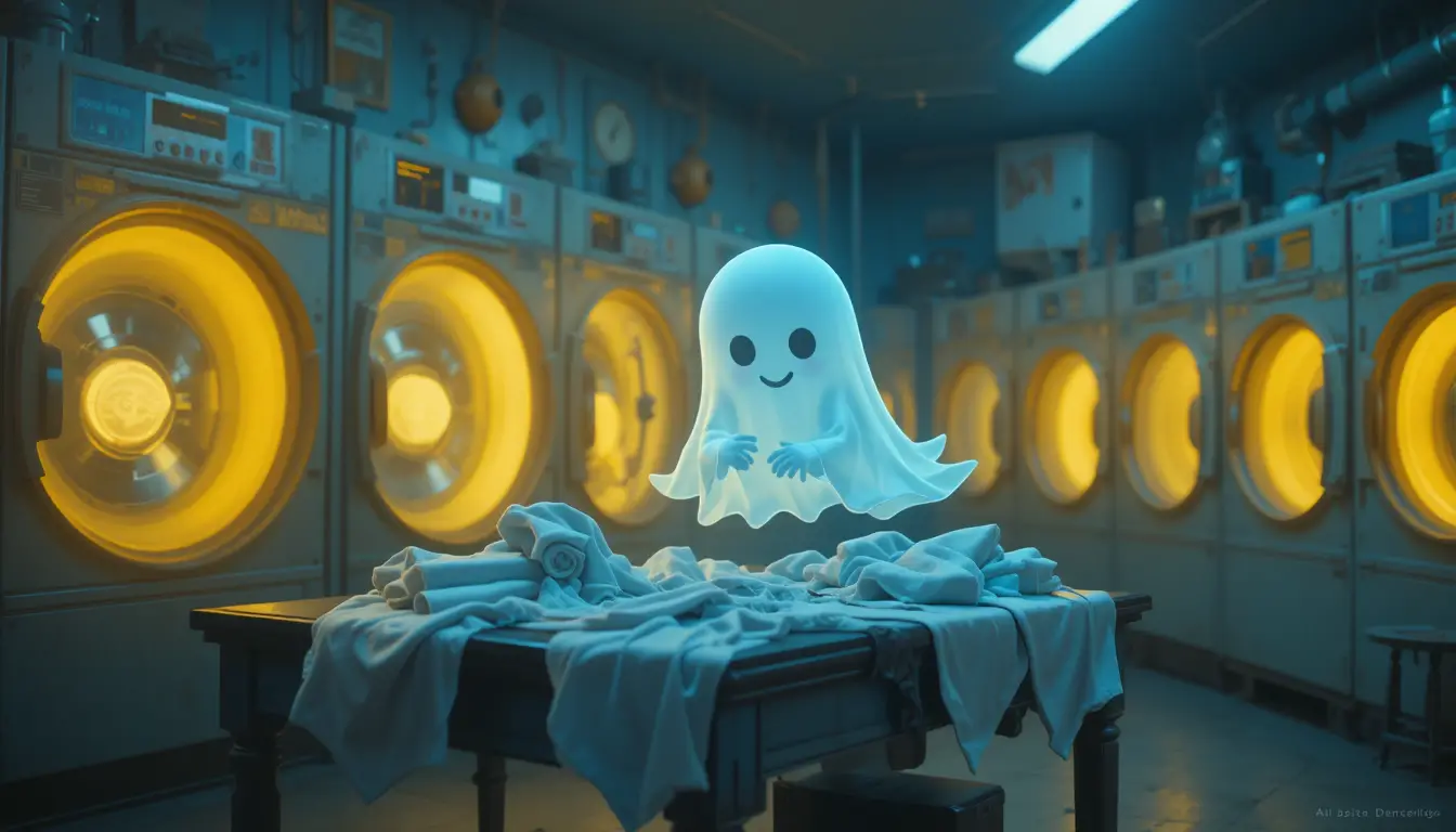 Fantôme Fantaisiste Pliant le Linge dans une Laverie Rétro