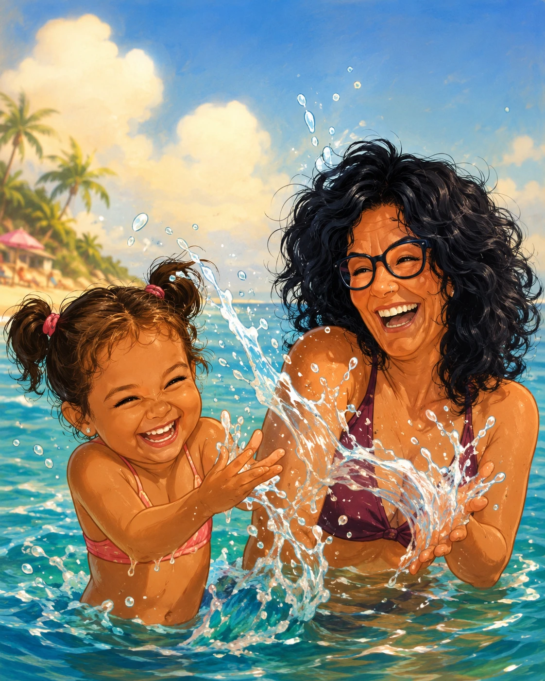 Niña caricaturesca y juguetona salpicando agua en la playa