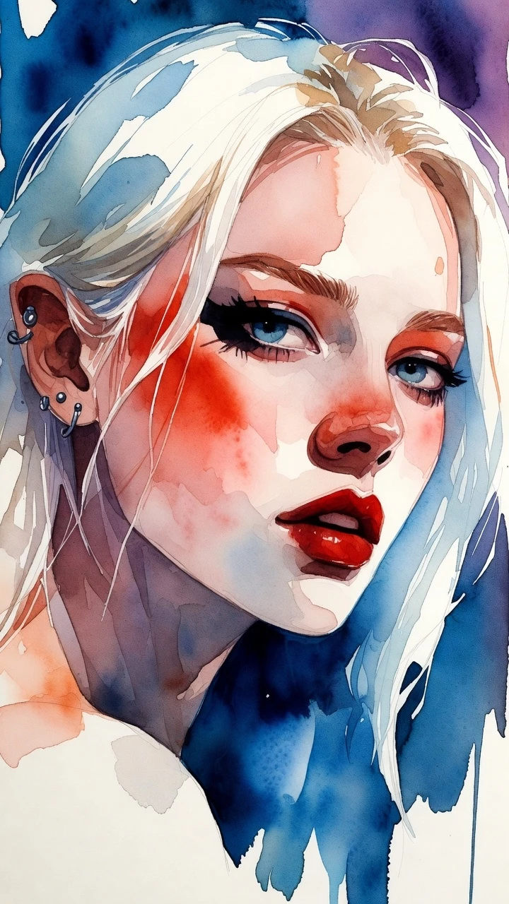 Tiefling sensual com cabelo platinado e olhos azuis