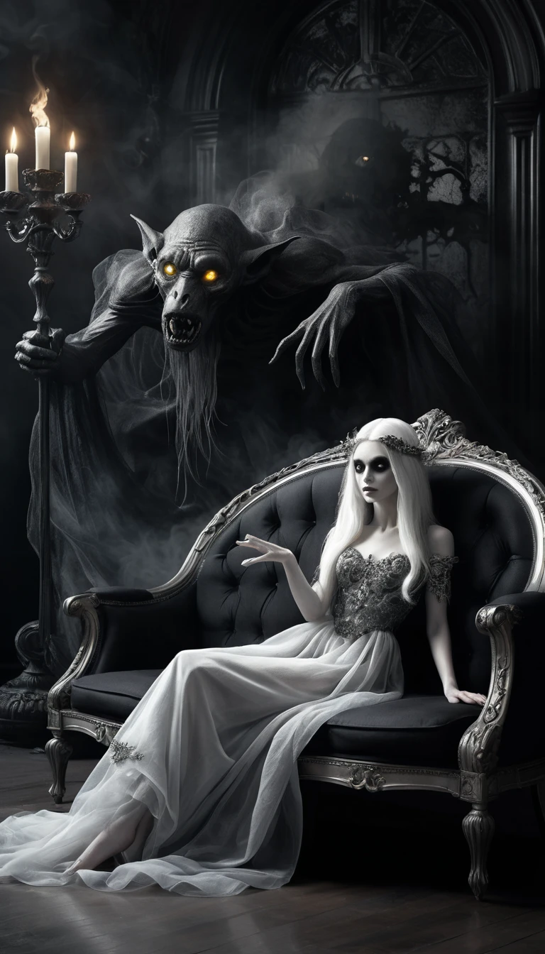 Chica demonio ahumada descansando en un sofá blanco antiguo