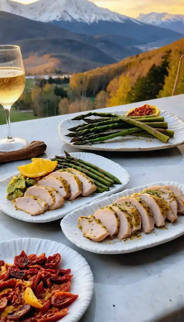 Tacchino gourmet e asparagi su piatti di marmo al tramonto