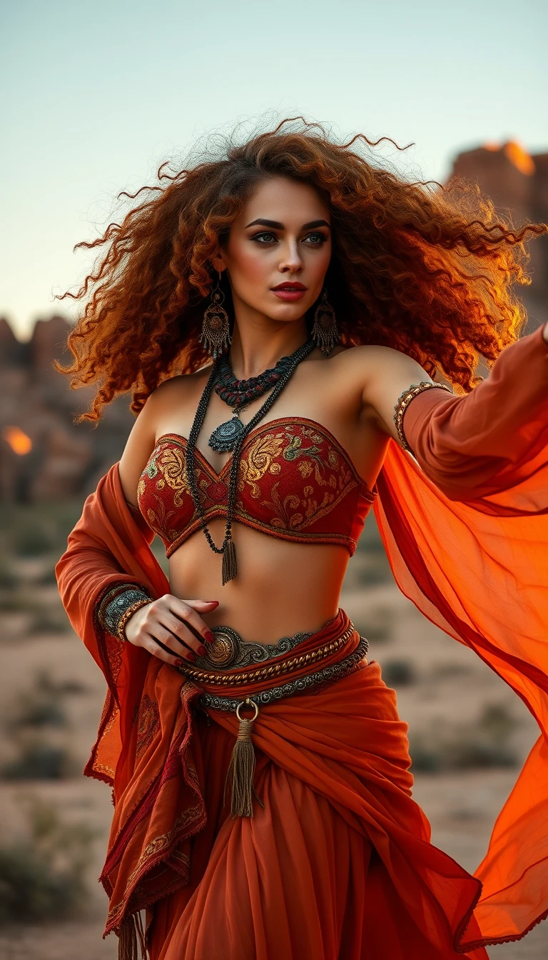 Danseuse du ventre en costume cuivré fluide au coucher de soleil dans le désert