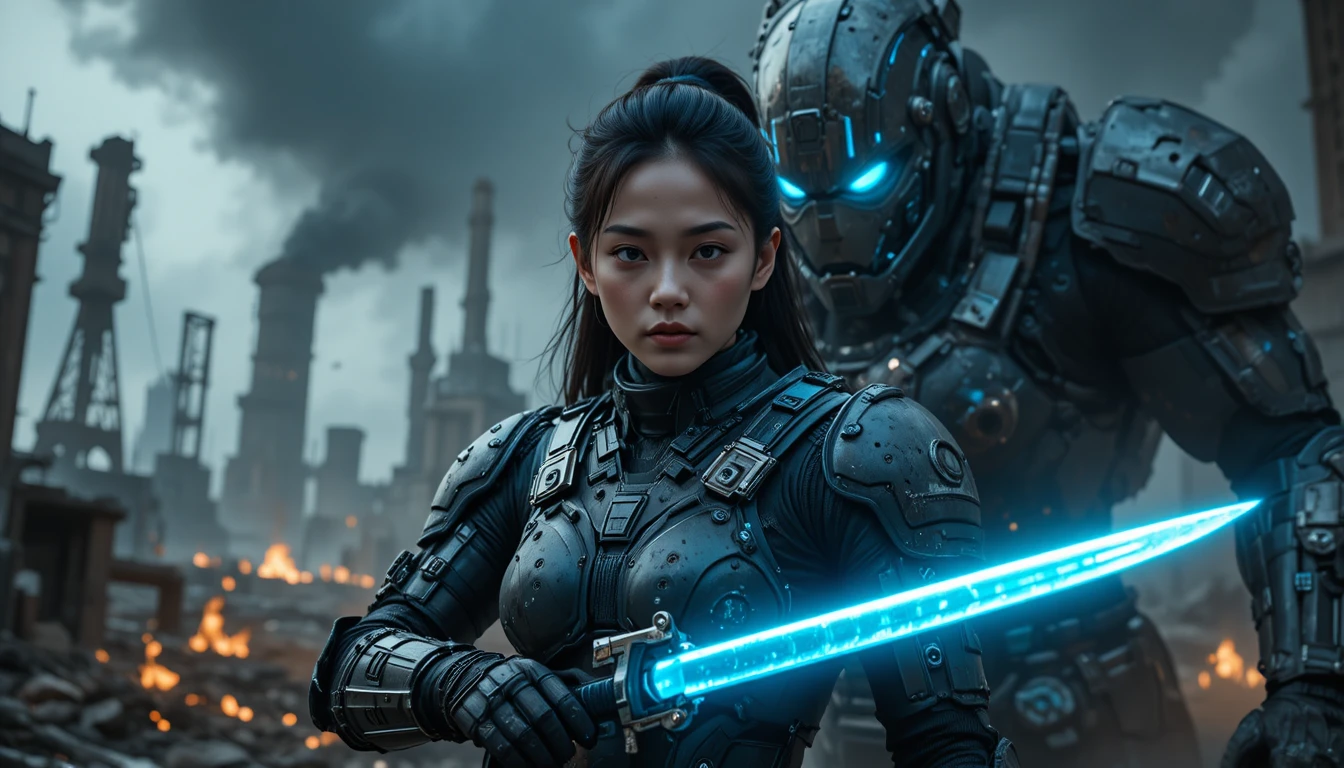 Guerrière de science‑fiction blindée face à un titan cyborg colossal
