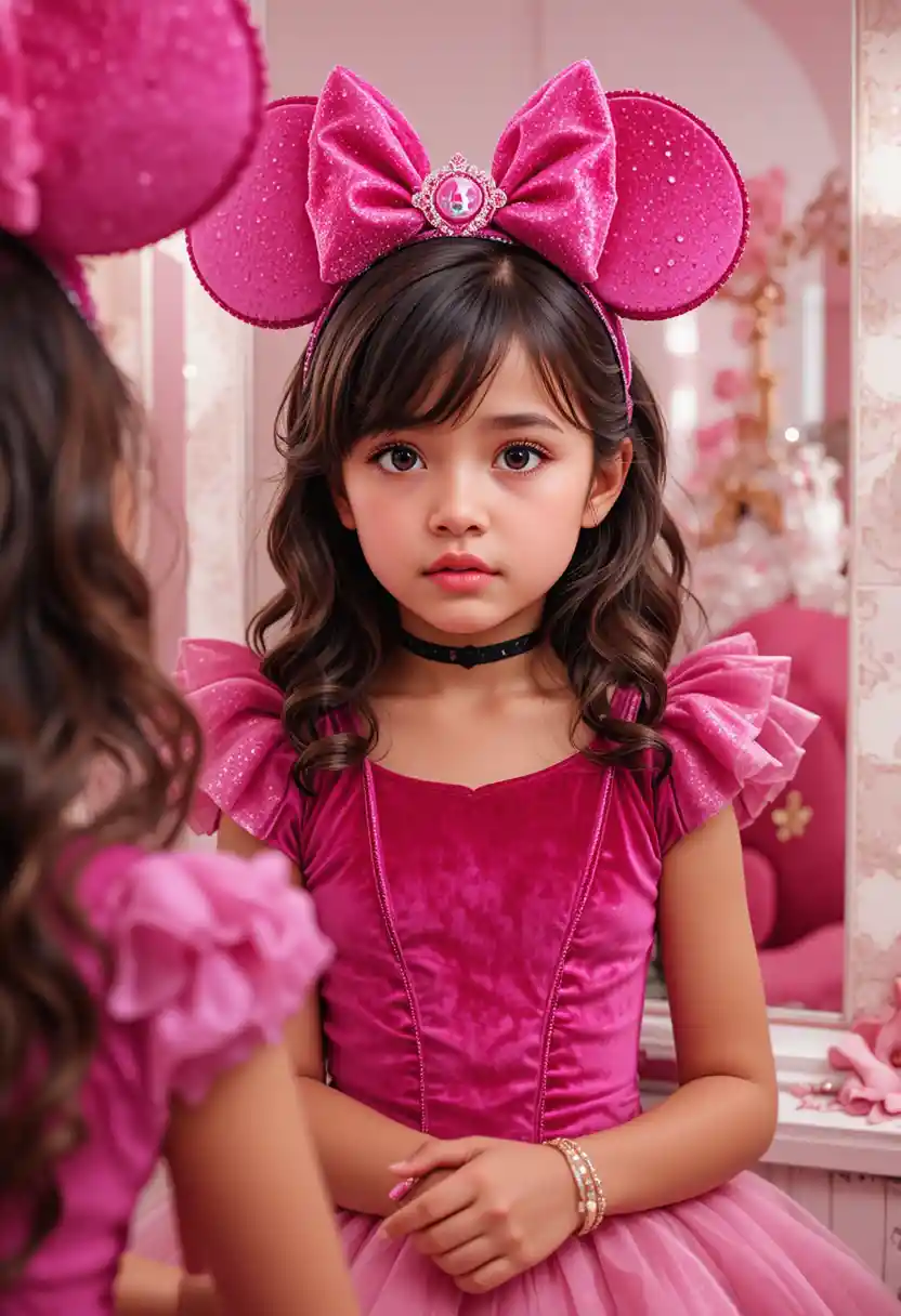 Jeune garçon en robe de princesse devant la coiffeuse