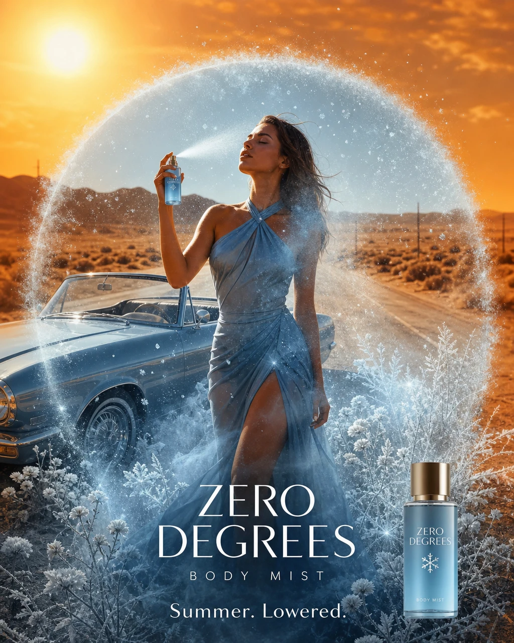 Woman Cooling Desert Heat With Zero Degrees Body Mist