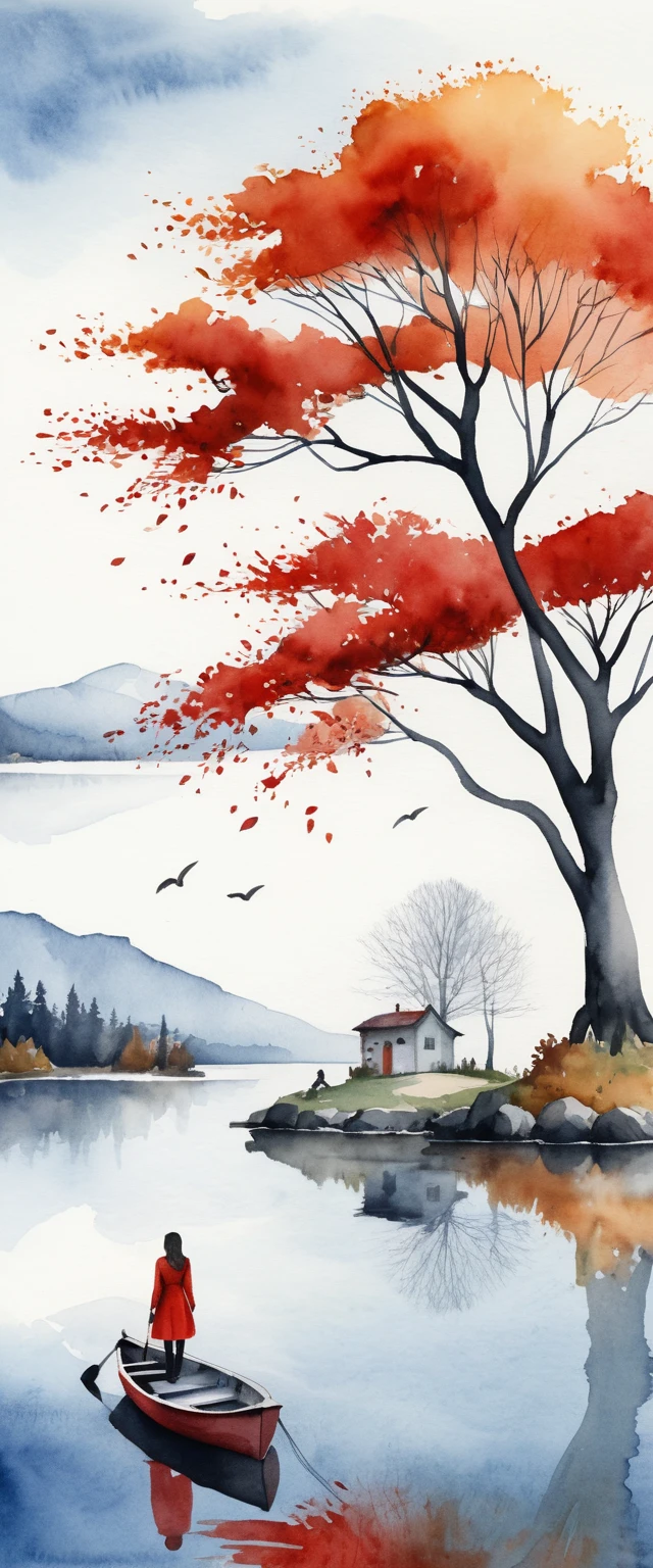 Cena em aquarela de lago com garota de vestido vermelho