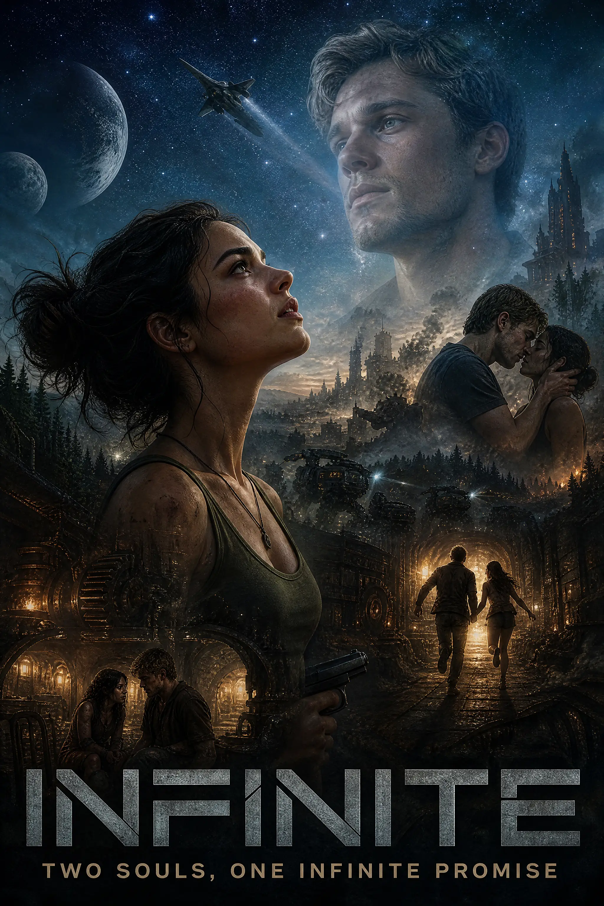 Jeune femme regardant vers le haut dans un portrait de science-fiction à expositions multiples