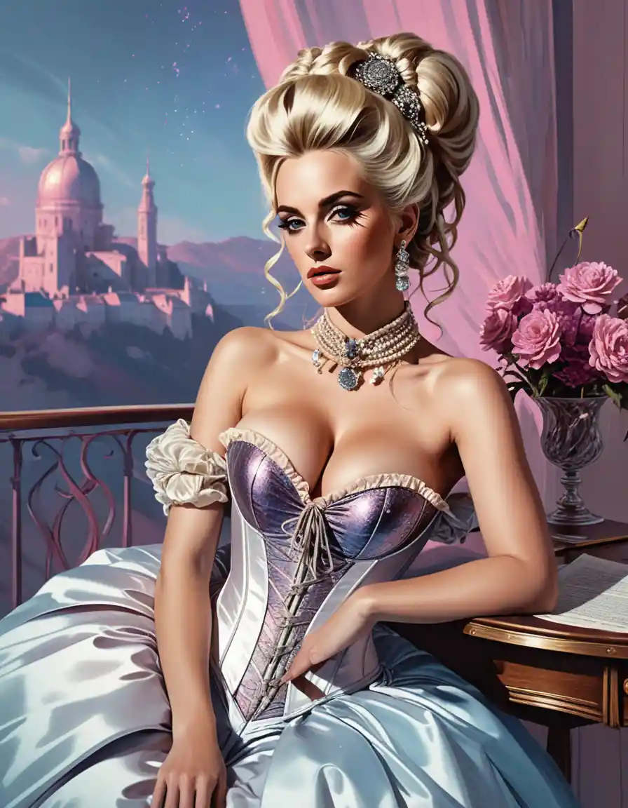 Regal blonde courtesan in rococo corset boudoir portrait