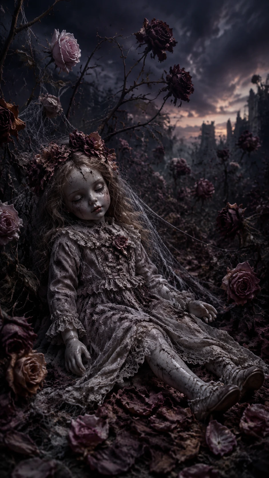 Cracked porcelain doll among wilting roses at twilight