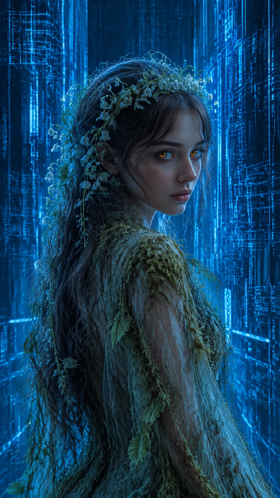 Forest princess with amber eyes in moss and leaf gown