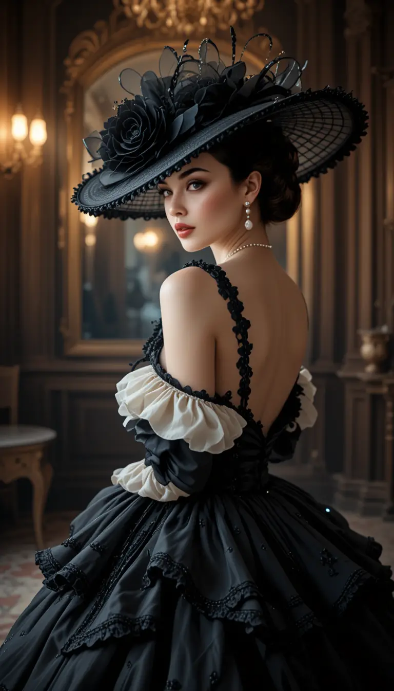 Femme élégante en robe de bal vintage dans l’intérieur sombre d’un manoir